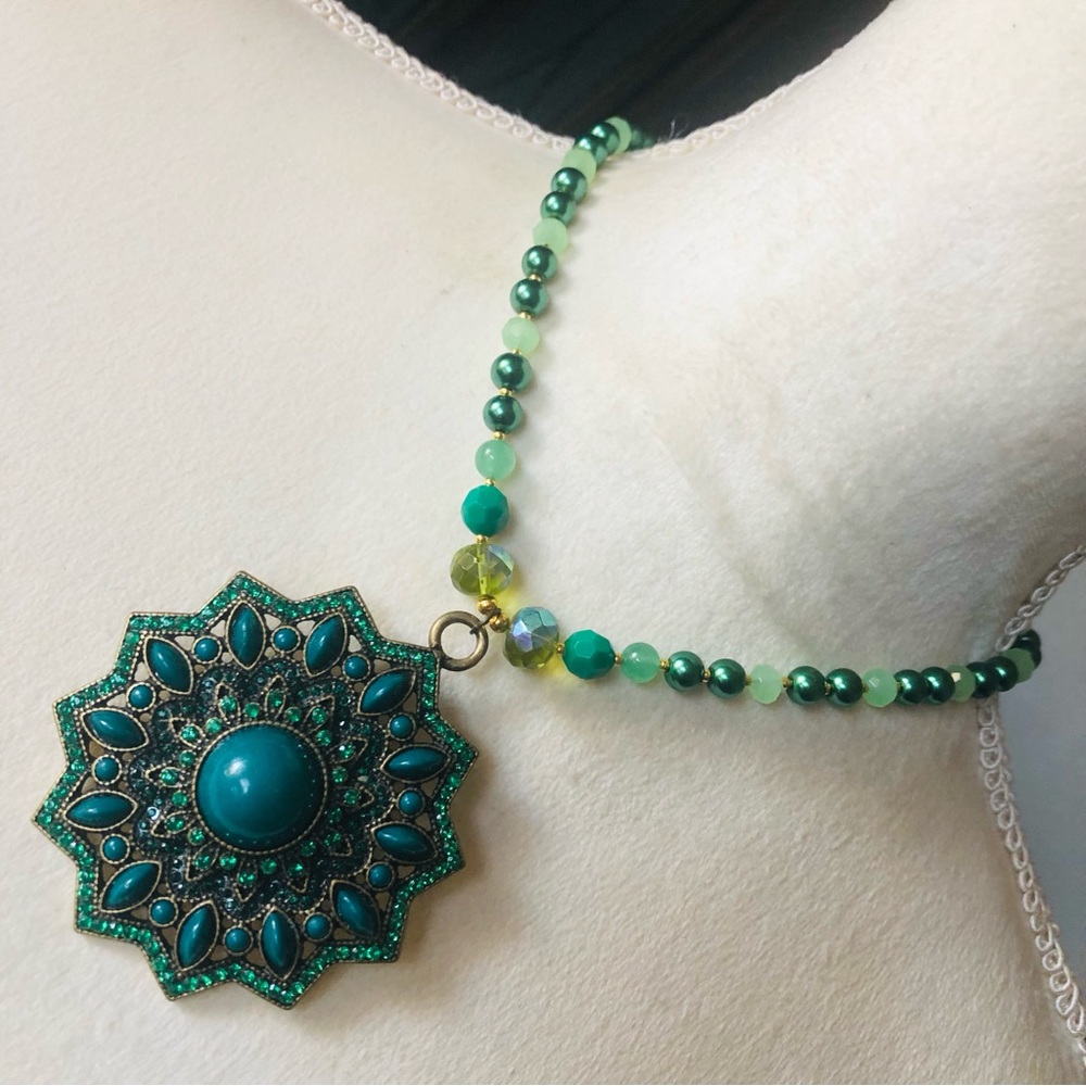 Handcrafted repurpose green stone cluster pendant Czech glass Pearl necklace